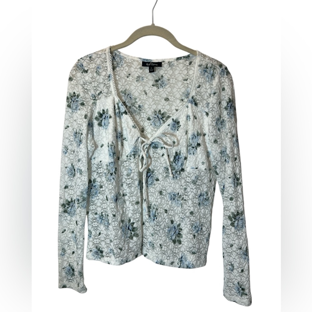 Open Front Cardigan Top Size M Lace White Blue Babydoll Y2K Fairycore